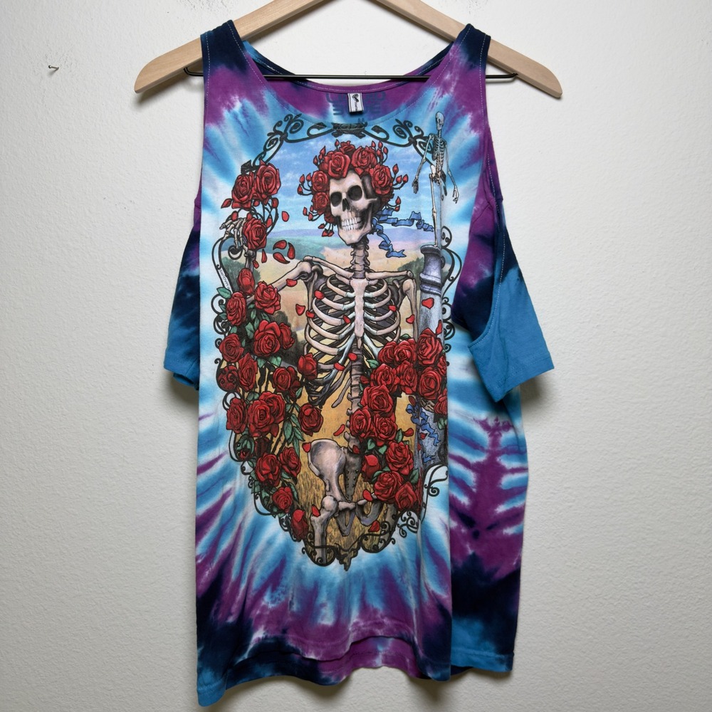 Liquid‎ Blue Women Grateful Dead Cold Shoulder Top M Blue Purple Tie Dye Bertha